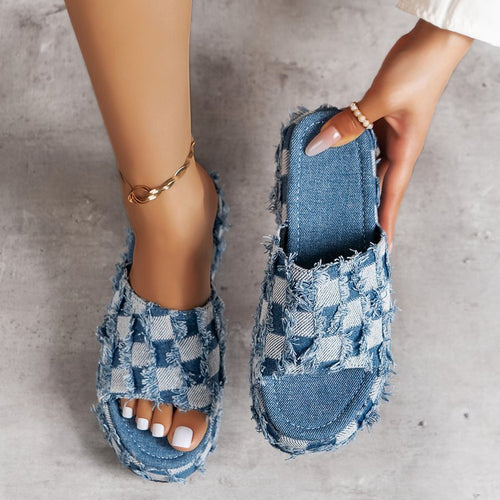 Damen lässige Schlappen aus Denim mit fransigen Details