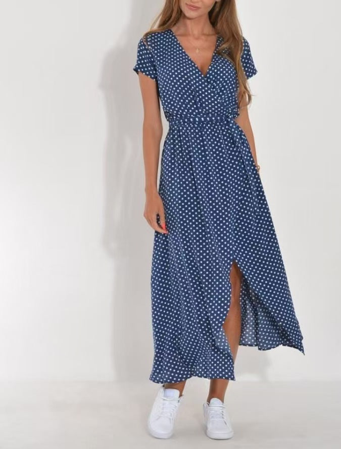 Damen Maxikleid mit Polka-Dots und seitlichem Schlitz