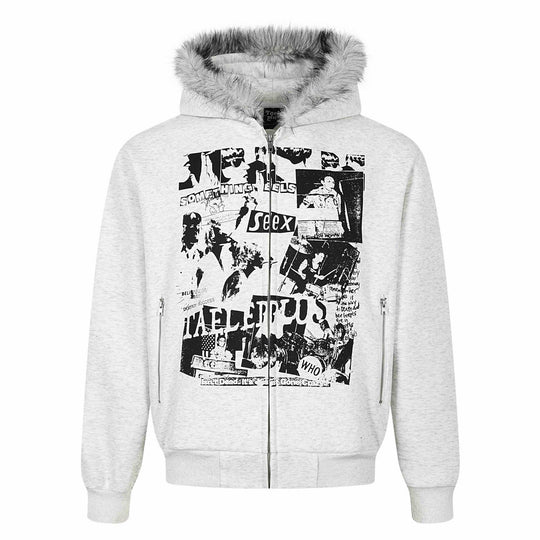 Damen Kapuzen‑Sweatjacke mit Kunstfellbesatz, Frontzip und Collage‑Print Shop Nory