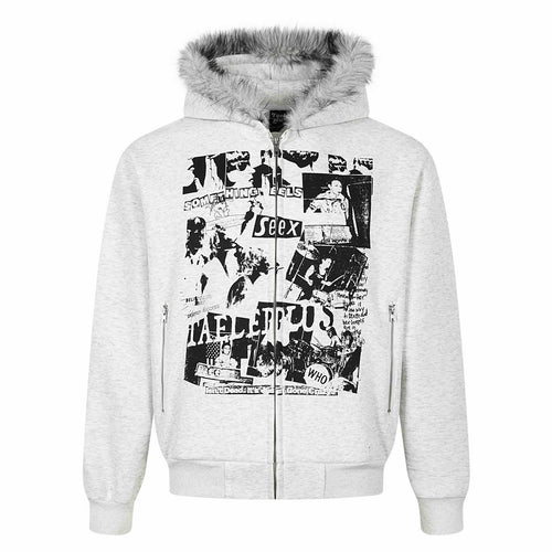 Damen Kapuzen‑Sweatjacke mit Kunstfellbesatz, Frontzip und Collage‑Print Shop Nory