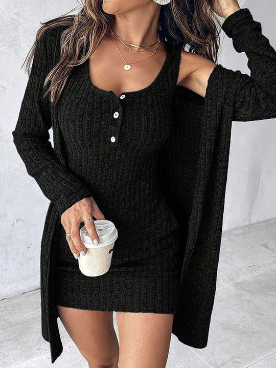 Damen Geripptes Twinset aus figurbetontem Träger-Strickkleid und Offenem Longcardigan Shop Nory