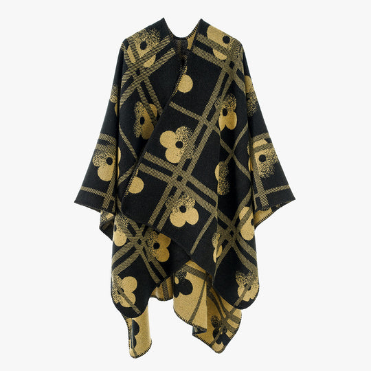 Damen Grobgewebter Deckenponcho im Ruana‑Schnitt mit floraler Karo‑Jacquard Shop Nory