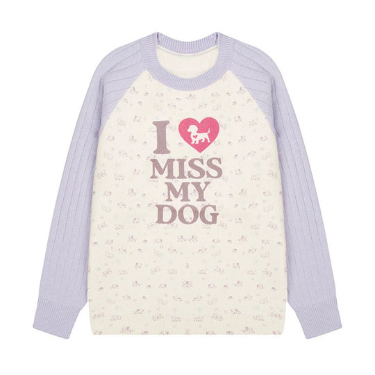 Damen Strickpullover mit Raglanärmeln, Allover-Hundemotiv und Statement-Print Shop Nory
