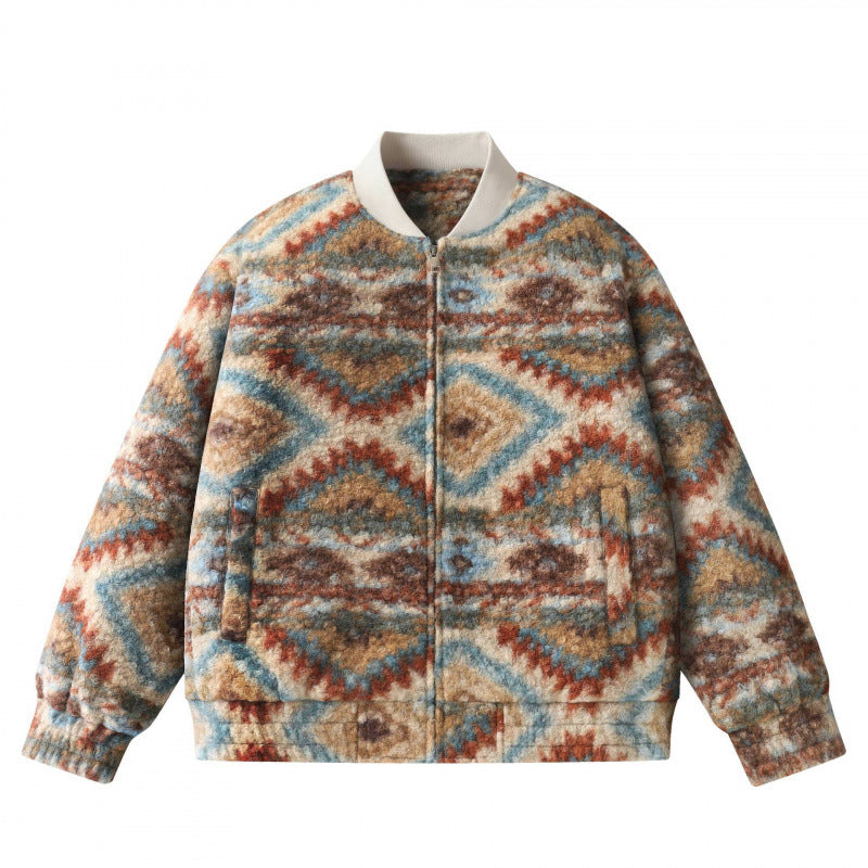 Unisex Boxy-Fleece‑Bomberjacke mit Aztekenmuster und Reißverschluss Shop Nory