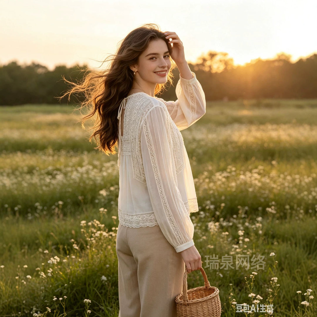 Damen Langärmlige Boho-Spitzenbluse mit Häkel- und Plissee-Details Shop Nory