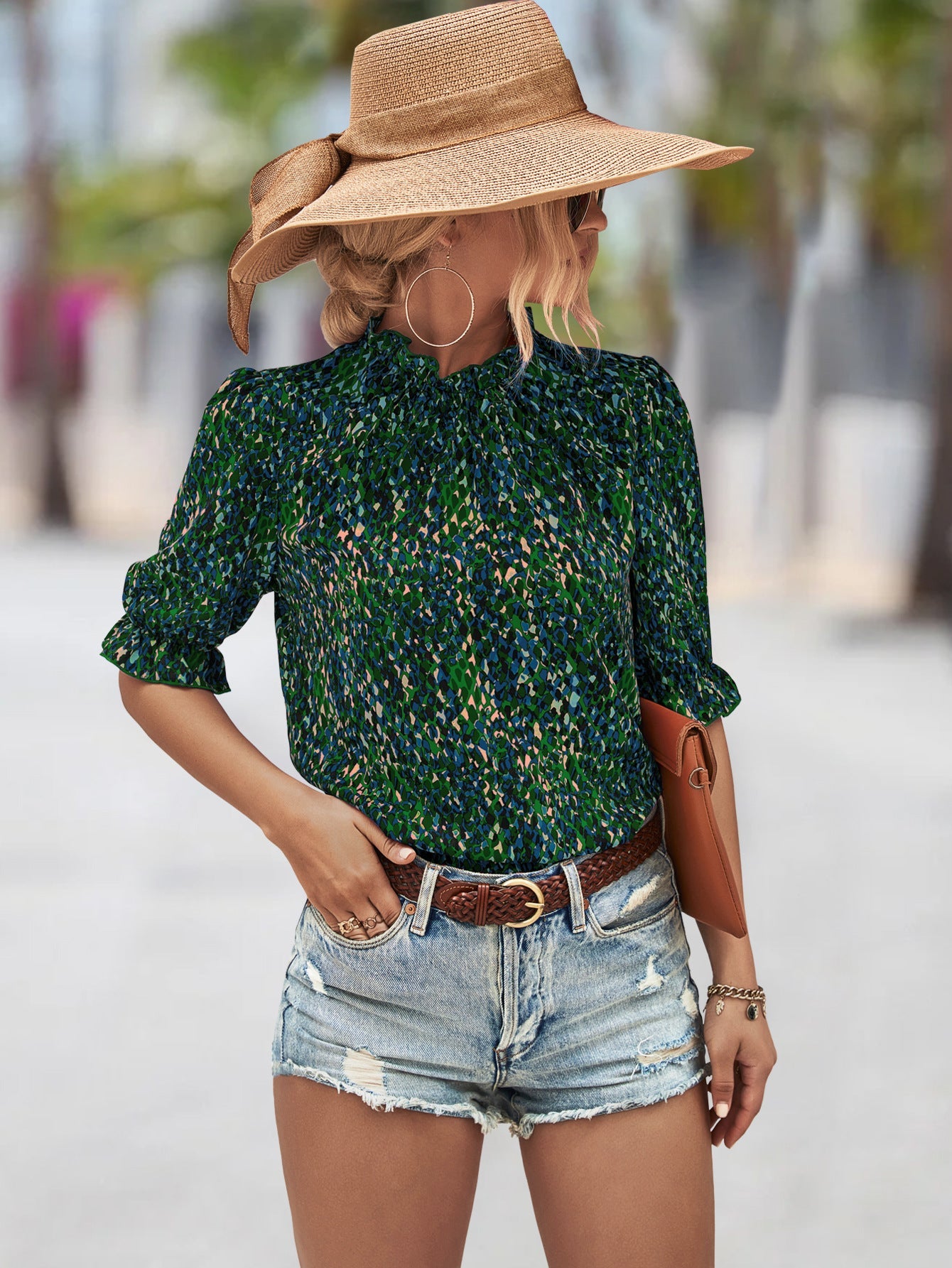 Damen Elegante Bluse mit Raffungen und botanischem Muster Shopnory