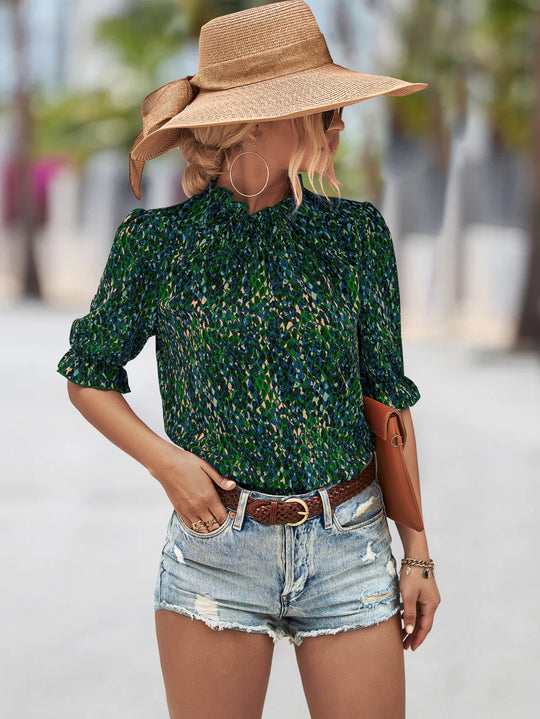 Damen Elegante Bluse mit Raffungen und botanischem Muster Shopnory