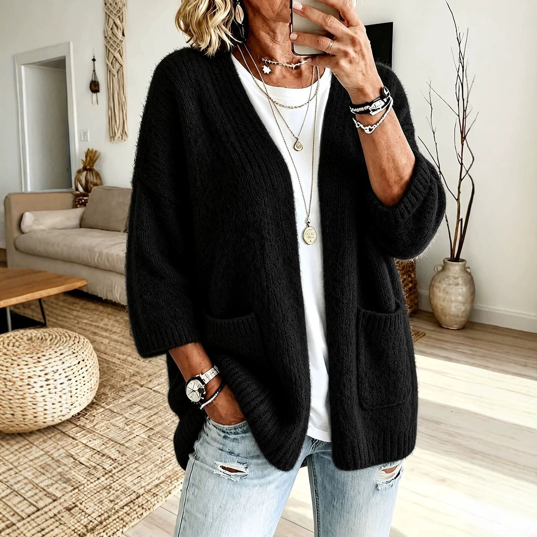 Damen Offener Longcardigan im Mohair-Look mit aufgesetzten Taschen und überschnittener Schulter Shop Nory