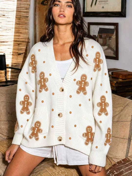 Damen oversized Strickcardigan mit Lebkuchenstickerei und tiefem V-Ausschnitt Shop Nory
