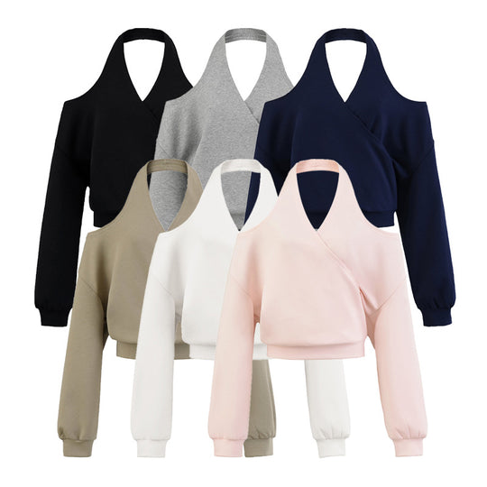 Damen Cropped Sweatshirt mit Neckholder, Cold-Shoulder und Wickeloptik Shop Nory