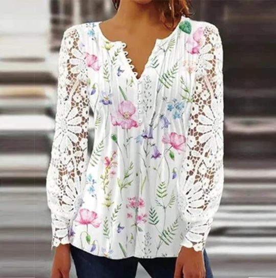 Damen Floral Viskosemischung Bluse mit Häkelärmel und V-Ausschnitt Shop Nory