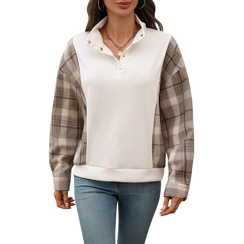 Damen Sweatshirt mit Stehkragen, Druckknopfleiste und karierten Flanellärmeln Shop Nory