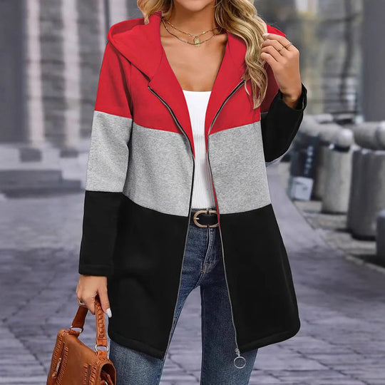 Damen Kapuzen-Farbblock-Mantel mit durchgehendem Reißverschluss, oversized Schnitt und mittellanger Silhouette Shop Nory