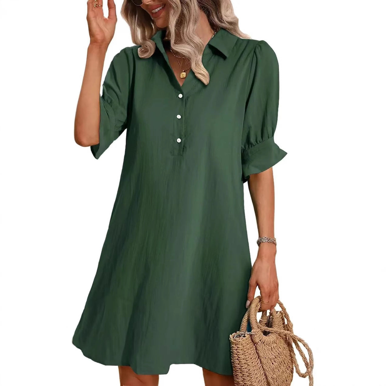 Damen lässiges Hemdkleid mit kurzen Ärmeln und praktischen Taschen
