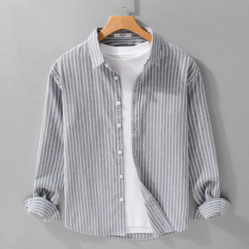 Herren Lässiges Leinen-Baumwoll-Langarmhemd mit feinem Nadelstreifen, Easy‑Care Finish und abgerundetem Saum Shop Nory