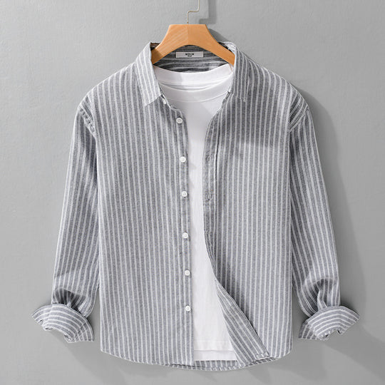 Herren Lässiges Leinen-Baumwoll-Langarmhemd mit feinem Nadelstreifen, Easy‑Care Finish und abgerundetem Saum Shop Nory