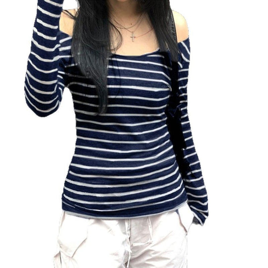 Damen nan schulterfreies gestreiftes Langarmshirt mit weitem U-Boot-Ausschnitt und figurbetonter Taillierung Shop Nory