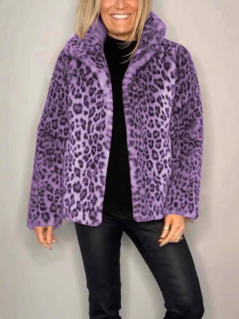 Mantel - Kunstpelz - Oversized Fit - Reverskragen - Leopardenprint