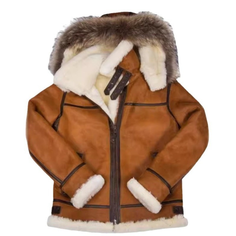 Herren Lammfell-Bomberjacke im Aviator-Stil mit Kapuze und Kontrastlederbesatz Shop Nory