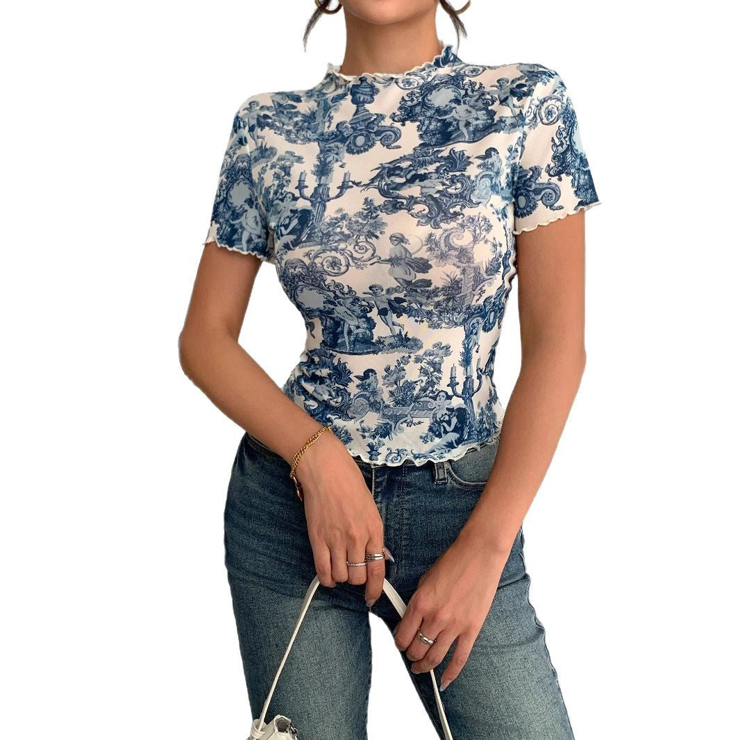 Damen Kurzes T-Shirt mit kreativem Druck und elegantem Stehkragen