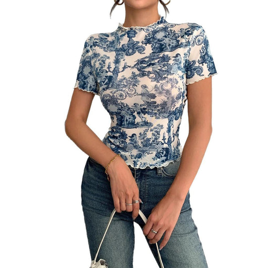 Damen Kurzes T-Shirt mit kreativem Druck und elegantem Stehkragen