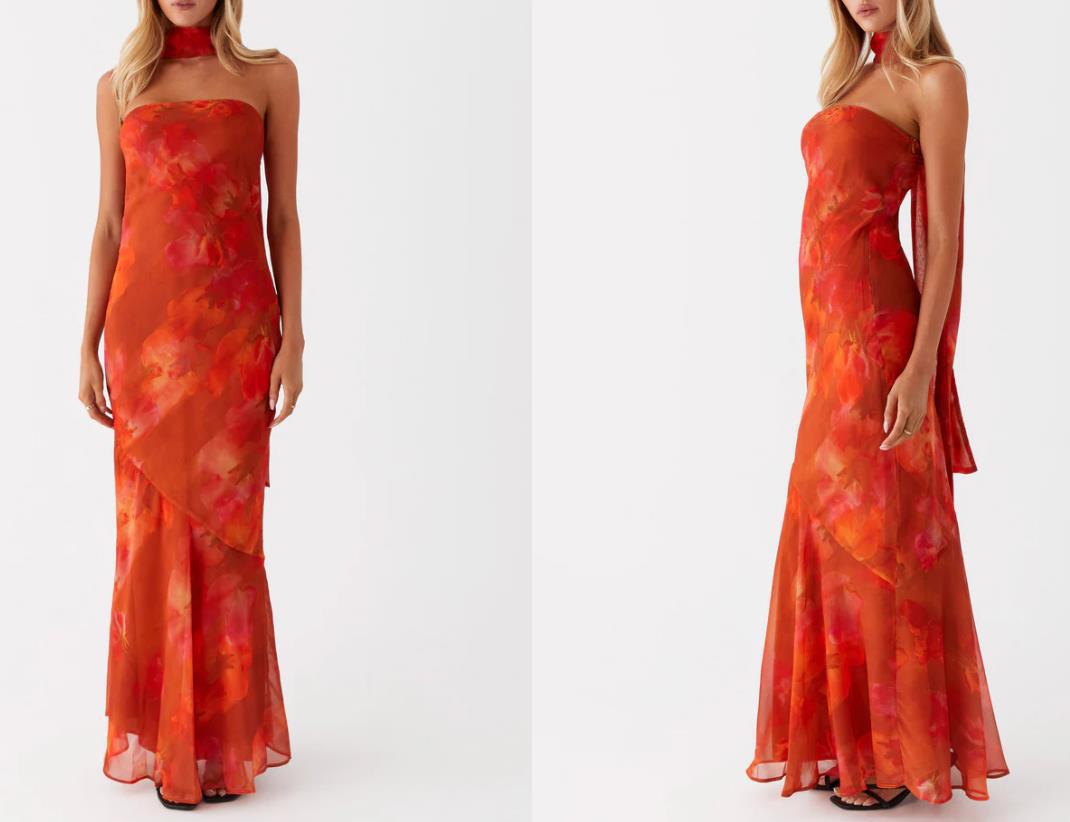 Damen Elegantes Langarm Abendkleid im Blumendesign