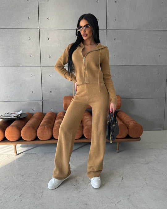 Damen Feinstrick-Loungewear-Set mit taillierter Kapuzenzipjacke und weiter Palazzo-Hose Shop Nory