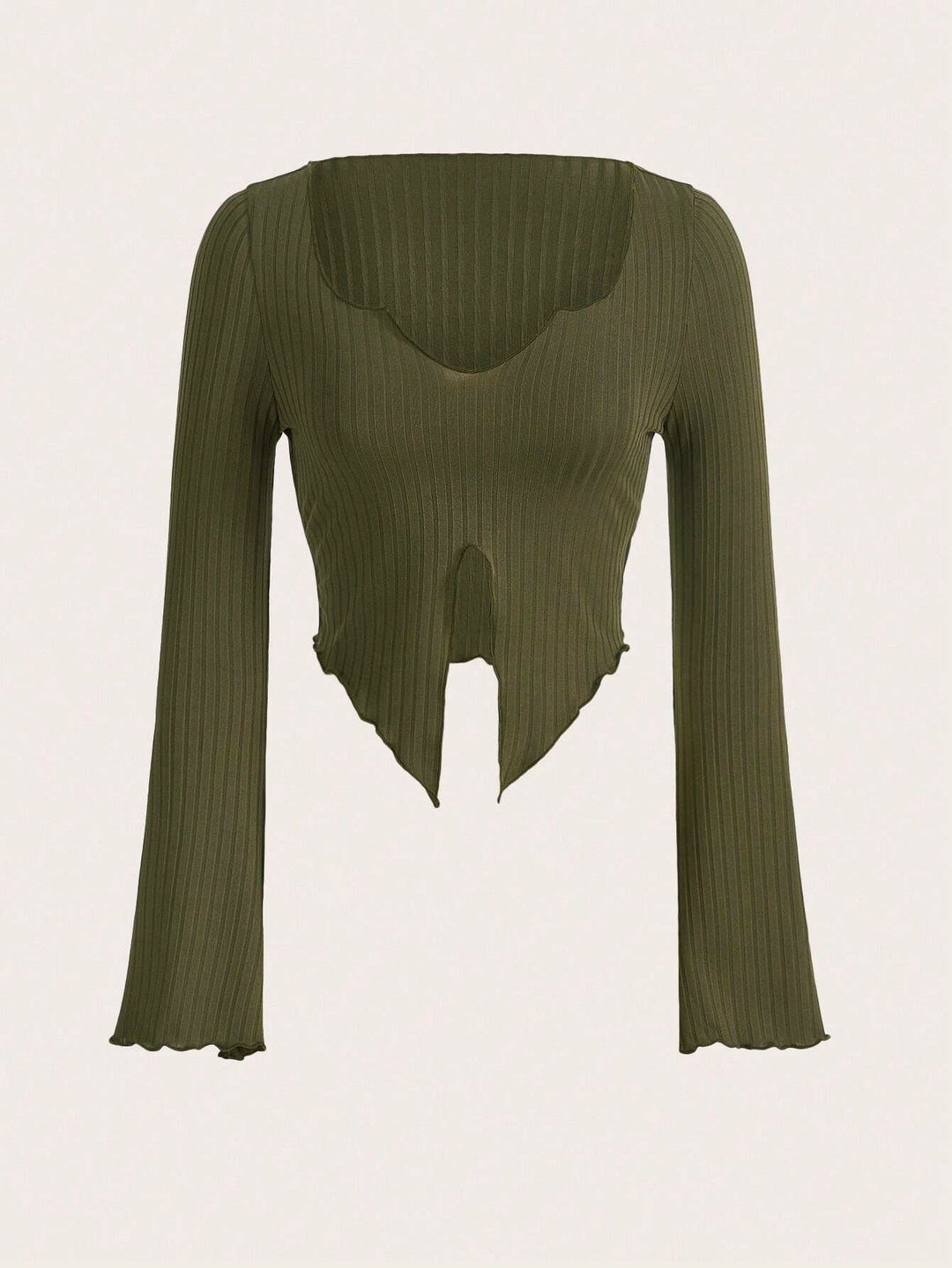 Damen fein geripptes Cropped-Longsleeve mit asymmetrischem Wellensaum und Cut-Out Shop Nory