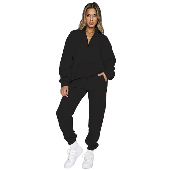 Damen nan French‑Terry Relax‑Loungewear‑Set mit halbem Reißverschluss, Kängurutasche und taillierter, schmal zulaufender Jogginghose Shop Nory
