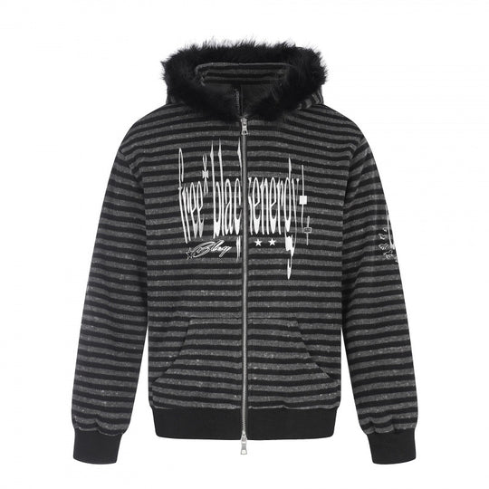 Unisex Gestreifte Kapuzen-Zipjacke mit Kunstfellkapuze und Statement-Frontprint Shop Nory