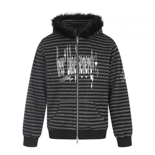 Unisex Gestreifte Kapuzen-Zipjacke mit Kunstfellkapuze und Statement-Frontprint Shop Nory