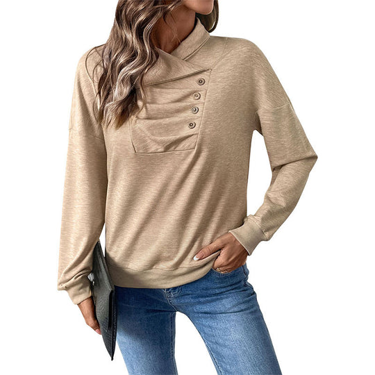Damen Gekreuzter Stehkragen-Sweatshirt mit Knopfblende und gerippten Bündchen Shop Nory