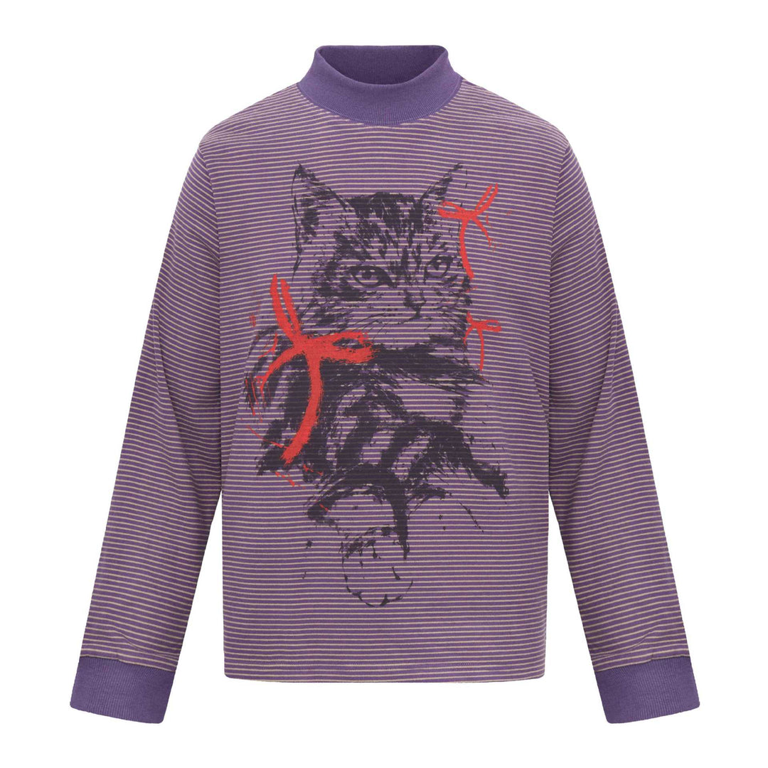 Unisex Gestreiftes Longsleeve mit Stehkragen, Oversize-Schnitt und Katzenprint Shop Nory