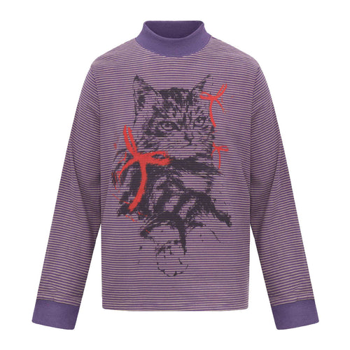 Unisex Gestreiftes Longsleeve mit Stehkragen, Oversize-Schnitt und Katzenprint Shop Nory