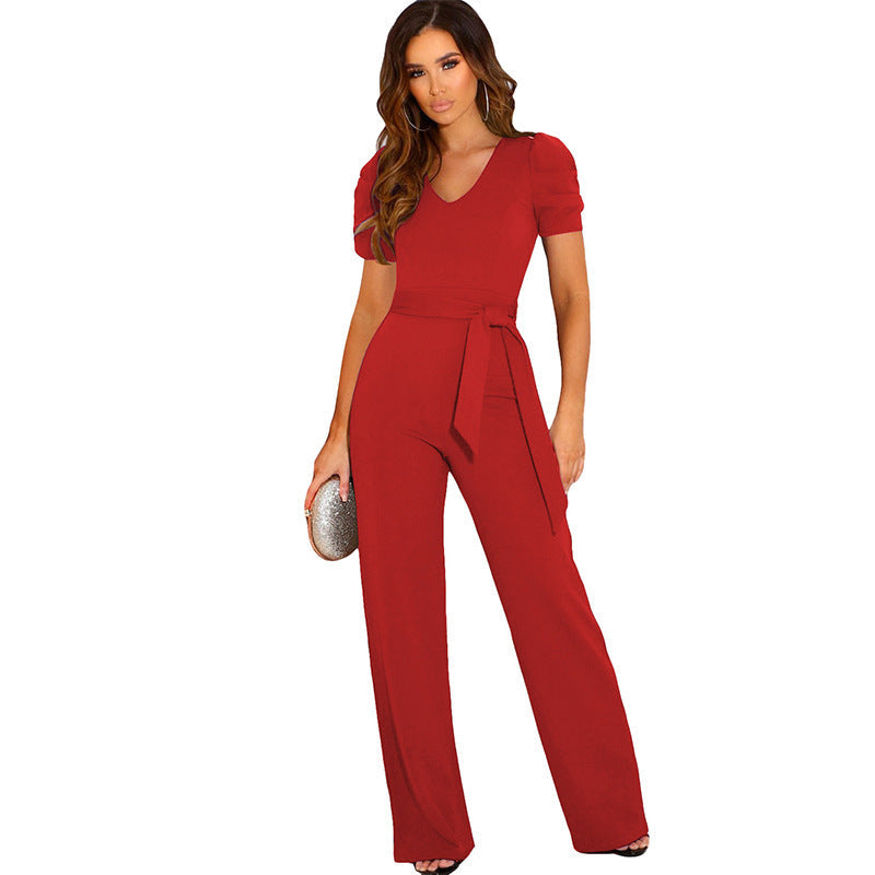 Damen Eleganter Jumpsuit mit Taillengürtel und Puffärmel