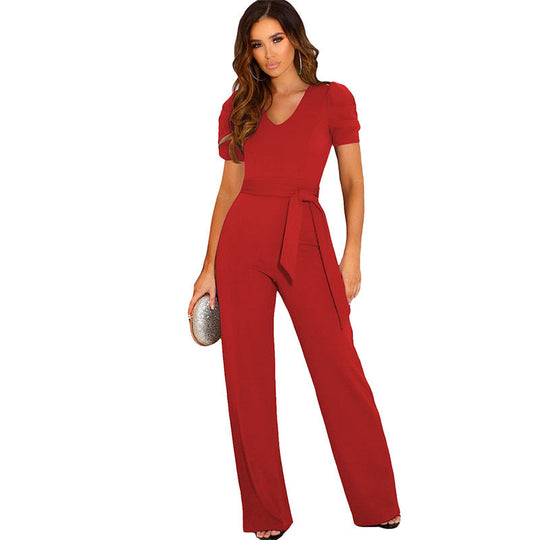 Damen Eleganter Jumpsuit mit Taillengürtel und Puffärmel