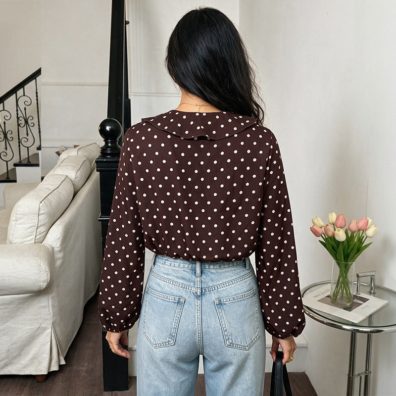 Damen Gepunktete Rüschenbluse mit V‑Ausschnitt, langen Ärmeln und elastischen Manschetten Shop Nory