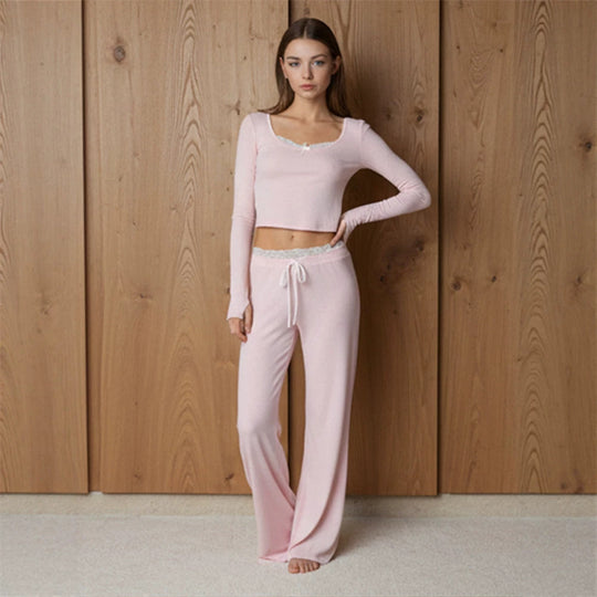 Damen Lounge-Pyjama-Set aus Viskose-Mix mit Spitzenbesatz und weitem Hosenschnitt Shop Nory