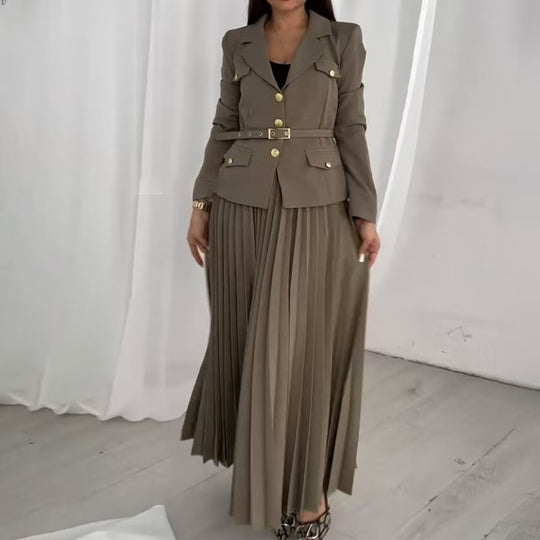 Damen Taillierter Blazer mit Gürtel und Plissierter Maxirock Set Shop Nory