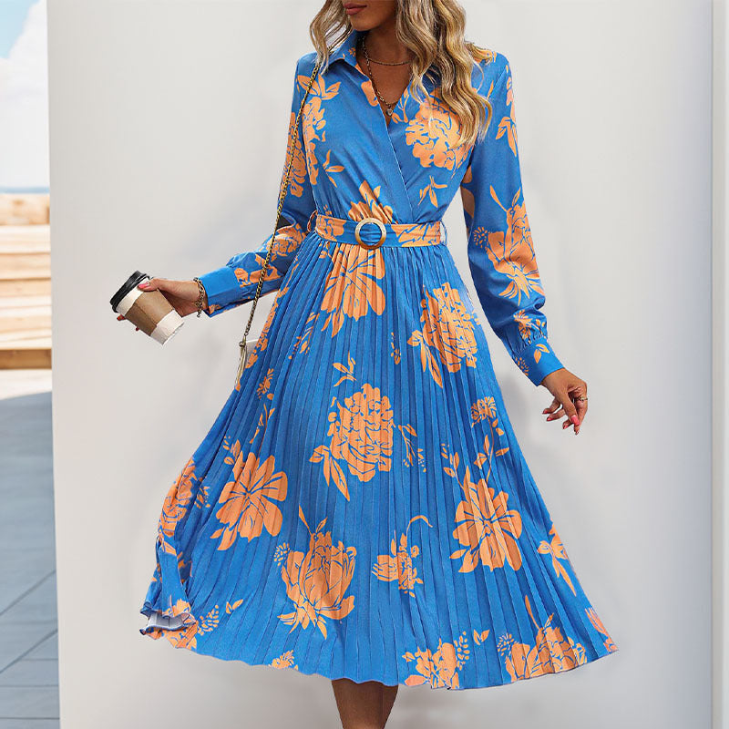 Damen Plissiertes Hemdblusenkleid mit Wickel‑V‑Ausschnitt, Taillengürtel und floralem Print Shop Nory