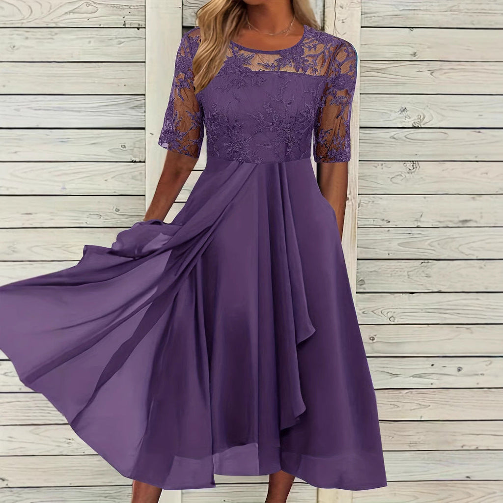 Damen Elegantes Midikleid mit Spitzenärmeln und schwingendem Rock