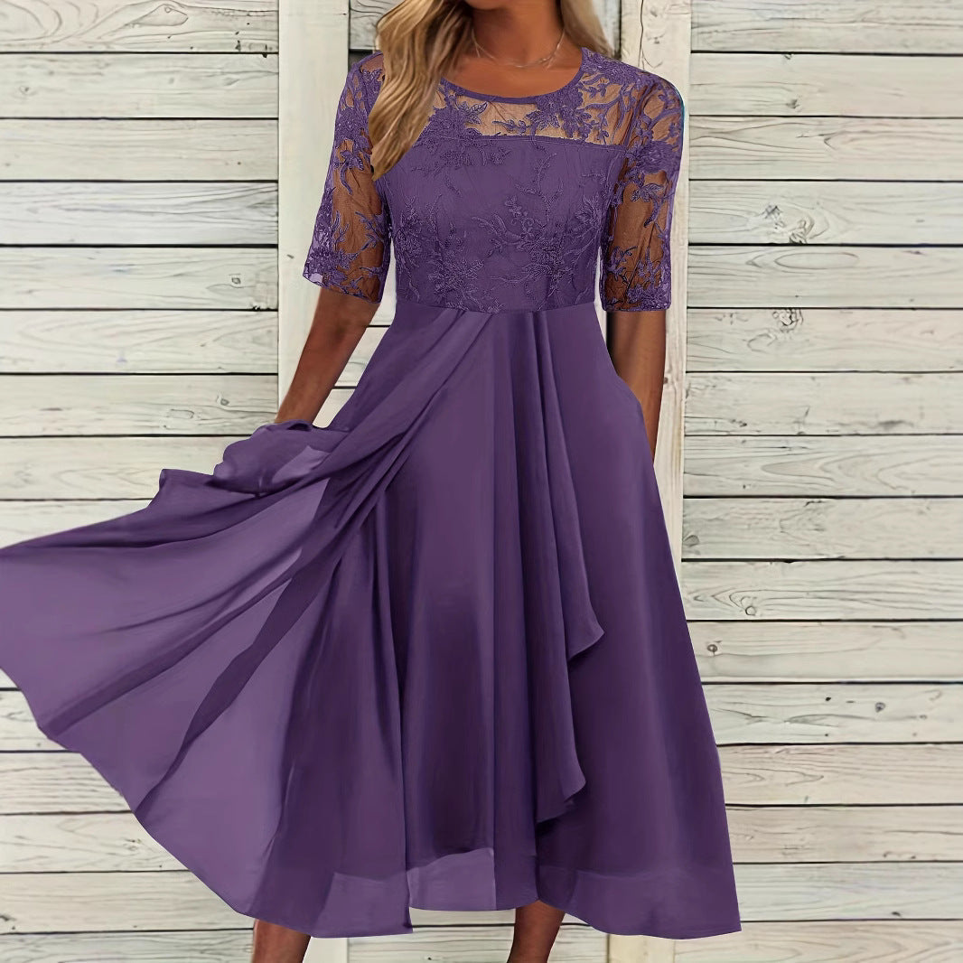 Damen Elegantes Midikleid mit Spitzenärmeln und schwingendem Rock