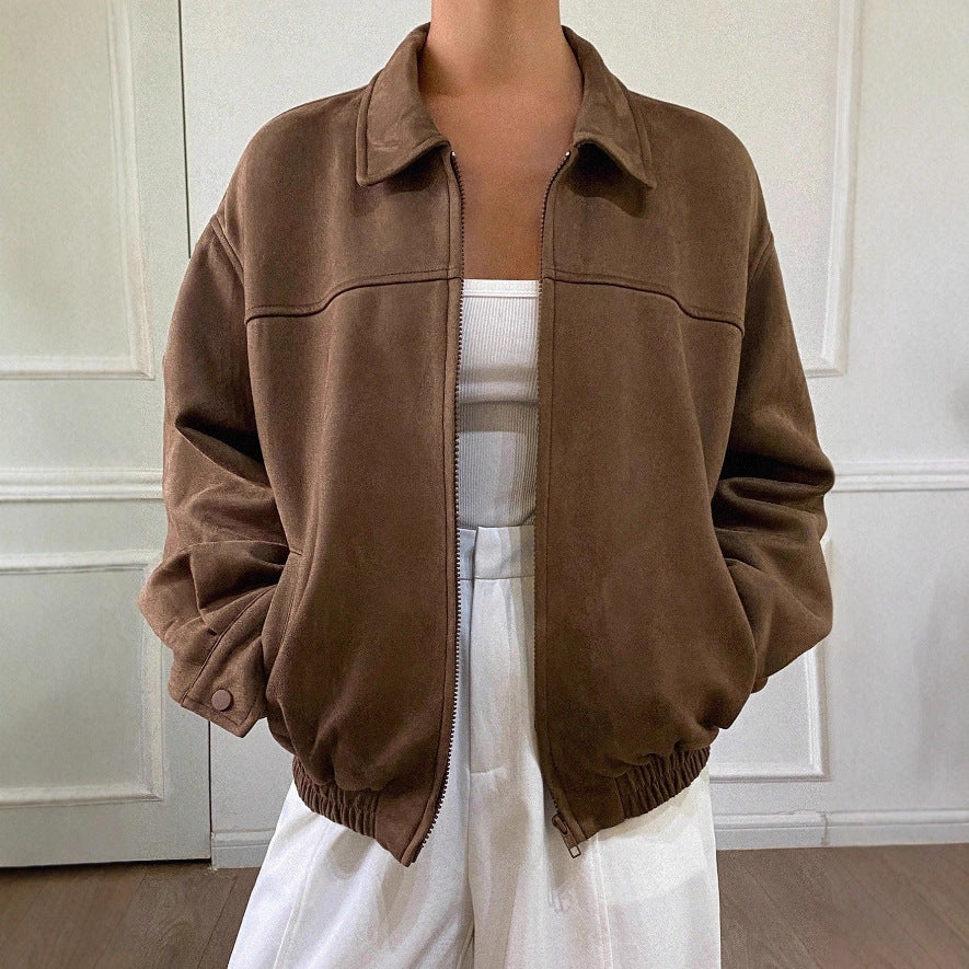 Damen Oversized Wildlederoptik Bomberjacke mit Reißverschluss und elastischem Saum Shop Nory