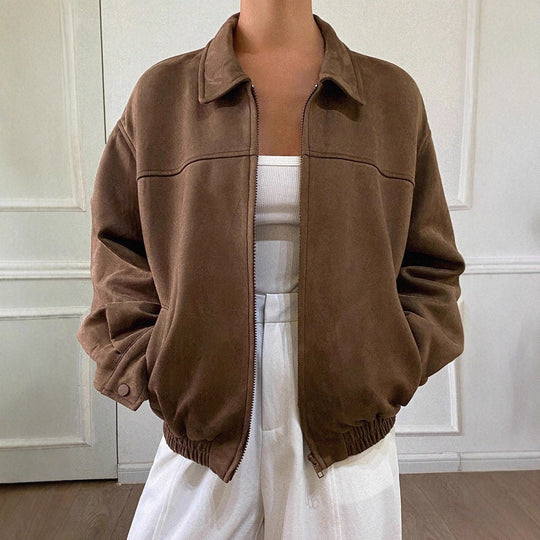 Damen Oversized Wildlederoptik Bomberjacke mit Reißverschluss und elastischem Saum Shop Nory