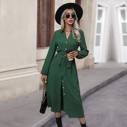 Damen Langarm Hemdblusenkleid mit Gürtel Shop Nory