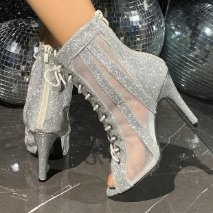 Damen Glitzer‑Peeptoe Ankle‑Boots mit Mesh‑Einsätzen, Schnürung und Seitenreißverschluss Shop Nory