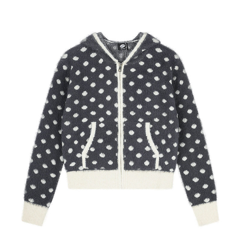 Damen Flauschige Kapuzen‑Zipjacke mit Polka‑Dot‑Jacquard und Eingrifftaschen Shop Nory