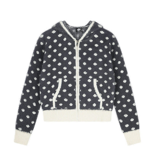 Damen Flauschige Kapuzen‑Zipjacke mit Polka‑Dot‑Jacquard und Eingrifftaschen Shop Nory