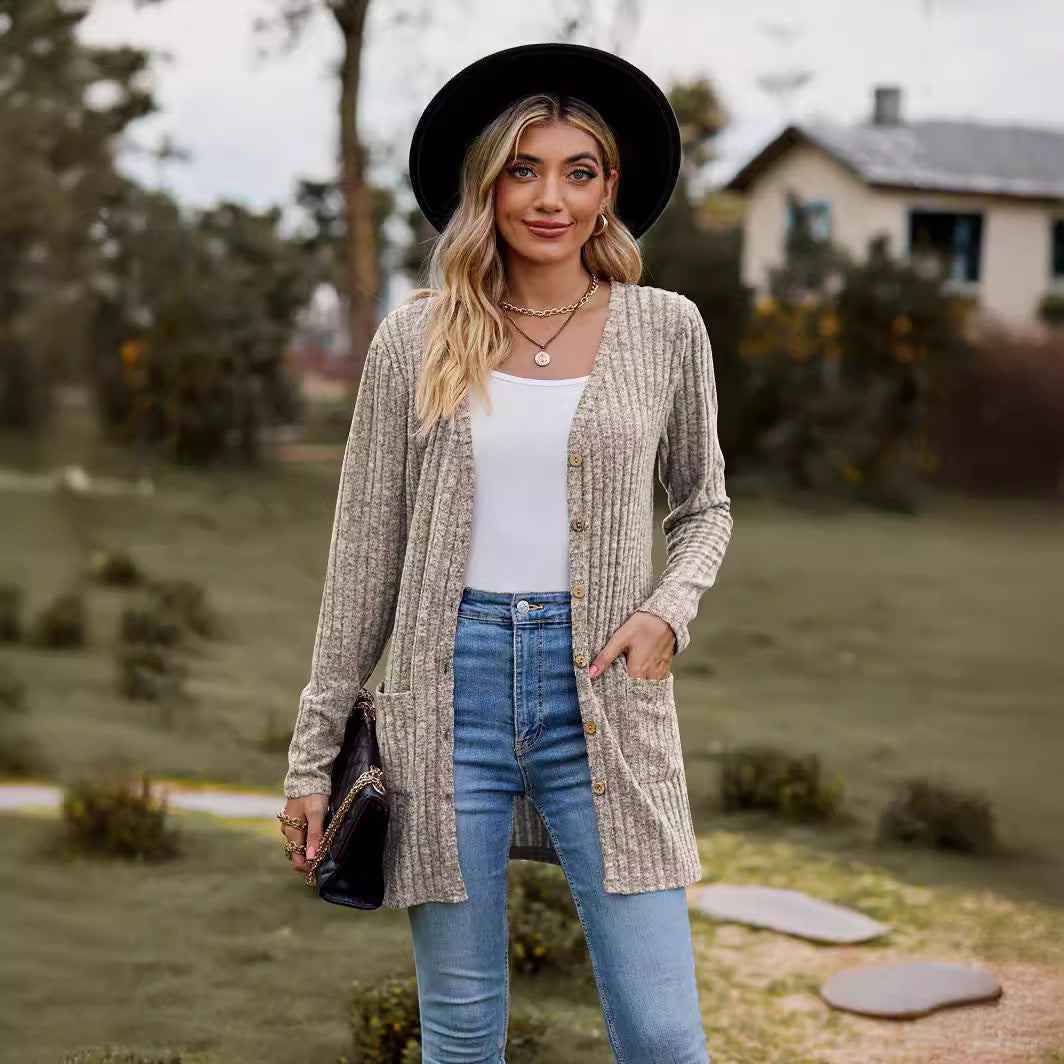 Damen Lang geschnittene Rippstrick‑Cardigan mit Knopfleiste und Eingrifftaschen Shop Nory