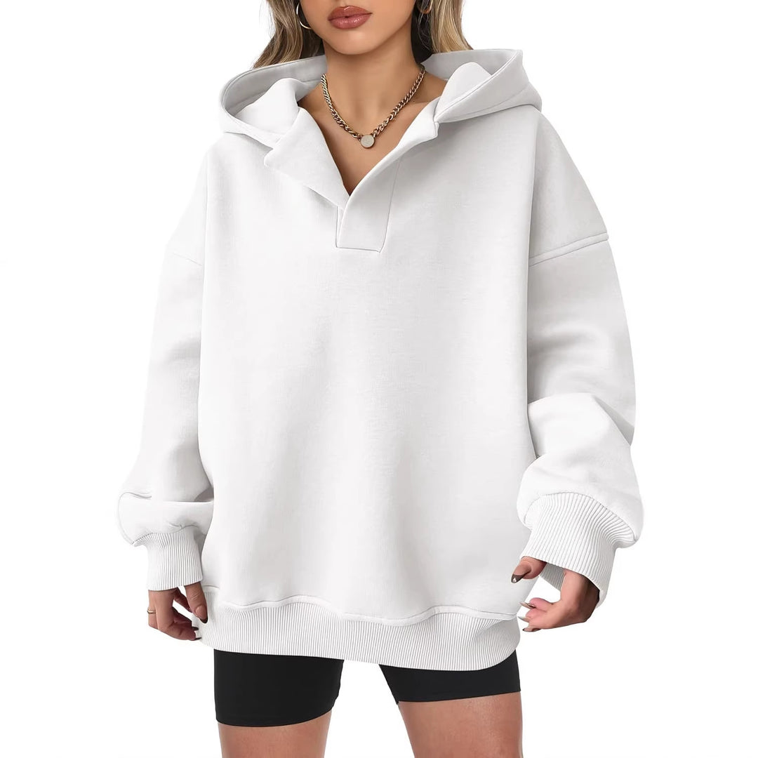 Damen Oversize-Kapuzenpullover aus schwerem Sweatstoff mit V‑Ausschnitt‑Detail und langen Rippbündchen Shop Nory